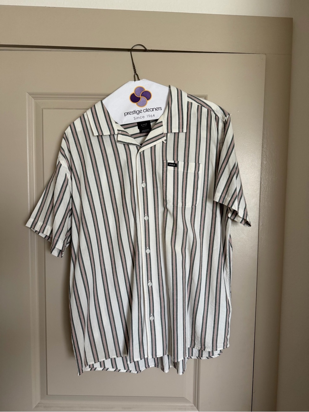 RVCA Cream Short Sleeve Button-Up Shirt with Black and Brown Stripes